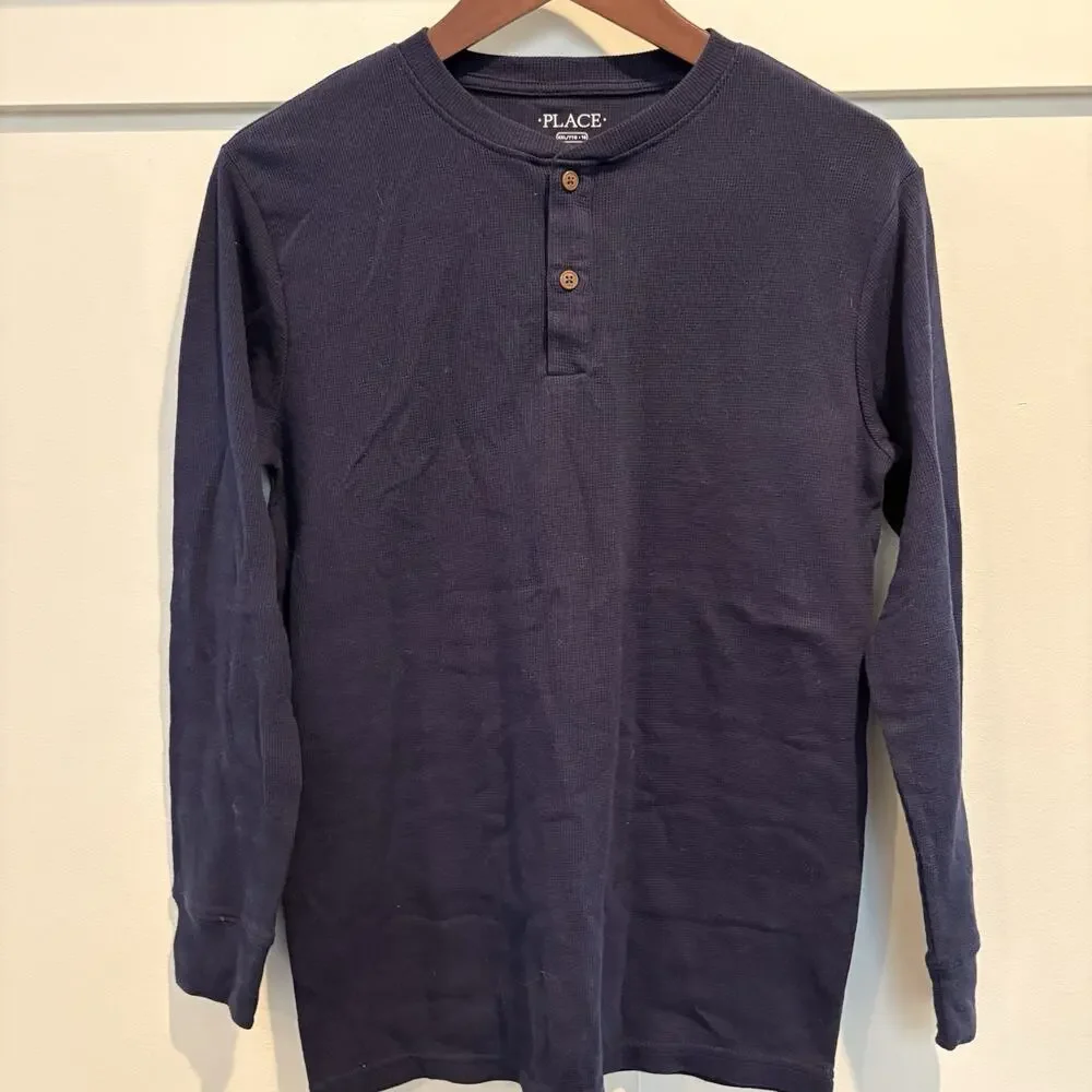 Children's Place Henley Shirt Boys XXL 16 Navy Blue Waffle Thermal Long‎ Sleeve